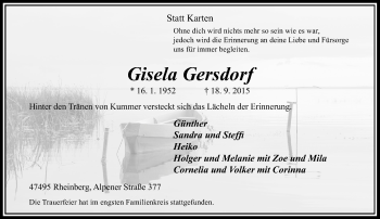 Traueranzeige von Gisela Gersdorf von Rheinische Post