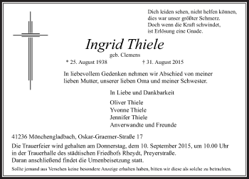 Traueranzeige von Ingrid Thiele von Rheinische Post