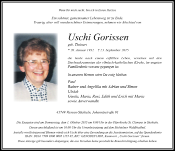 Traueranzeige von Uschi Gorissen von Rheinische Post