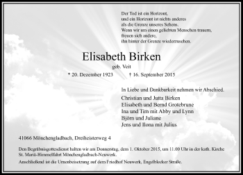 Traueranzeige von Elisabeth Birken von Rheinische Post