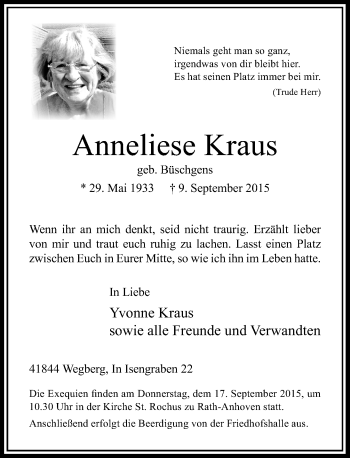 Traueranzeige von Anneliese Kraus von Rheinische Post