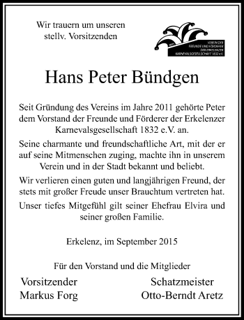 Traueranzeige von Hans Peter Bündgen von Rheinische Post