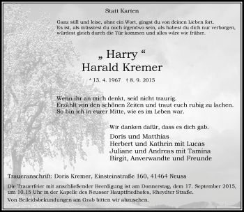 Traueranzeige von Harald Kremer von Rheinische Post