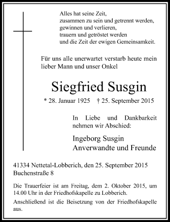 Traueranzeige von Siegfried Susgin von Rheinische Post