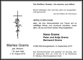 Traueranzeige von Marlies Grams von Rheinische Post