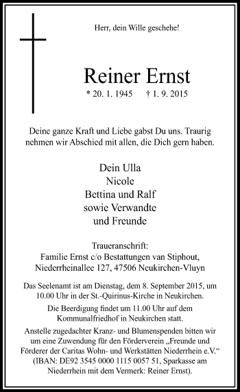 Traueranzeige von Reiner Ernst von Rheinische Post