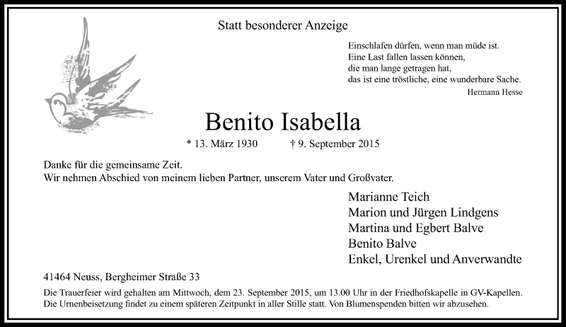  Traueranzeige für Benito Isabella vom 19.09.2015 aus Rheinische Post