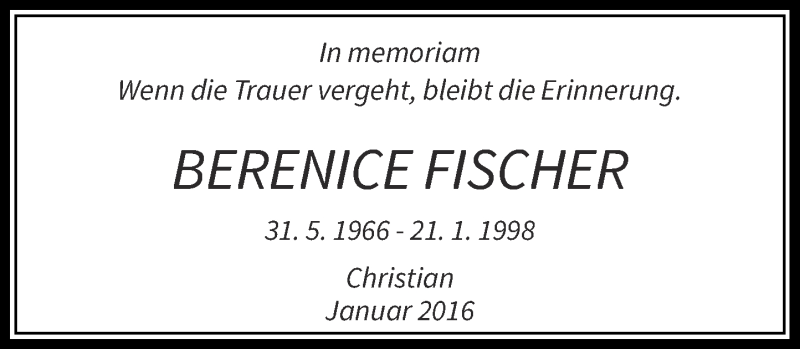  Traueranzeige für Berenice Fischer vom 21.01.2016 aus Rheinische Post