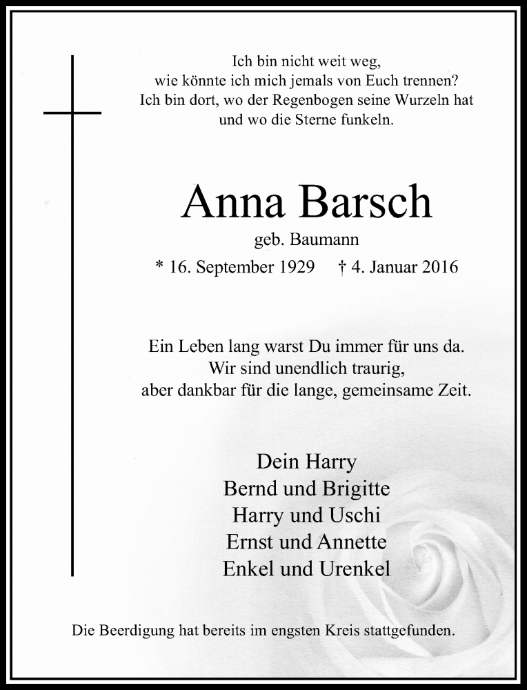  Traueranzeige für Anna Barsch vom 09.01.2016 aus Rheinische Post