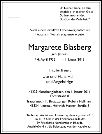 Traueranzeige von Margarete Blasberg von Rheinische Post