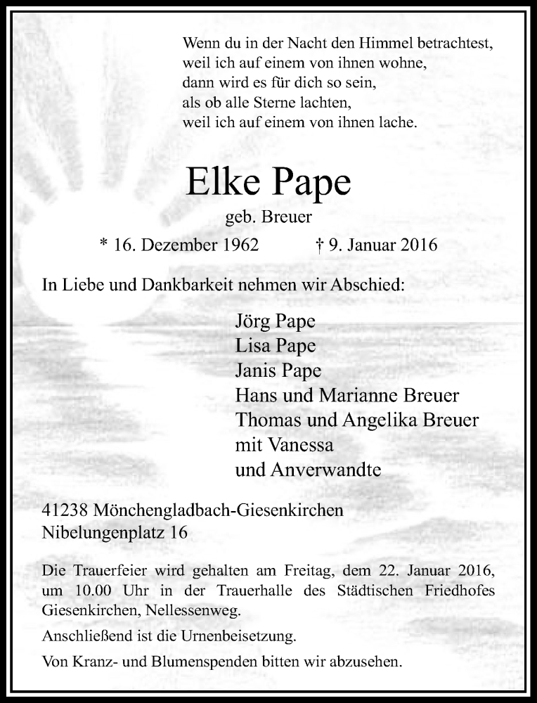  Traueranzeige für Elke Pape vom 16.01.2016 aus Rheinische Post