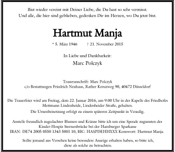 Traueranzeige von Hartmut Manja von Rheinische Post