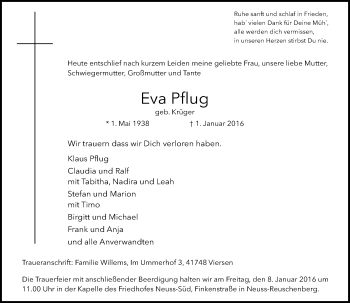 Traueranzeige von Eva Pflug von Rheinische Post