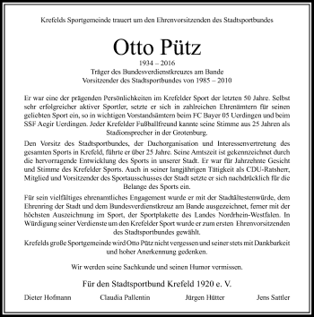 Traueranzeige von Otto Pütz von Rheinische Post