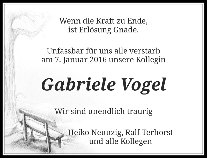  Traueranzeige für Gabriele Vogel vom 16.01.2016 aus Rheinische Post