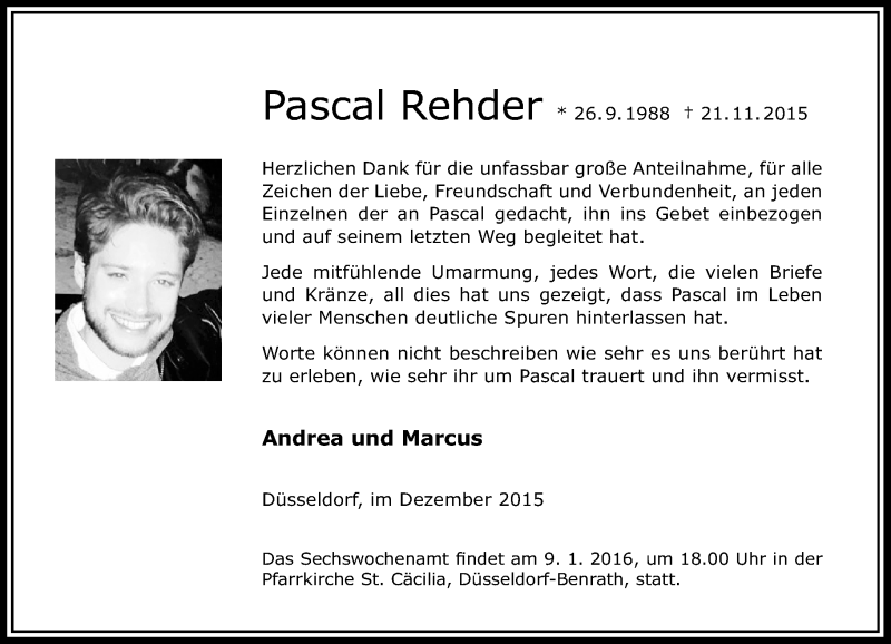  Traueranzeige für Pascal Rehder vom 02.01.2016 aus Rheinische Post