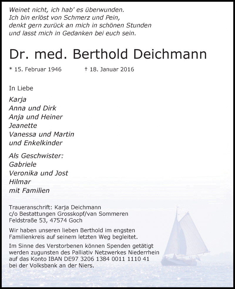  Traueranzeige für Berthold Deichmann vom 23.01.2016 aus Rheinische Post