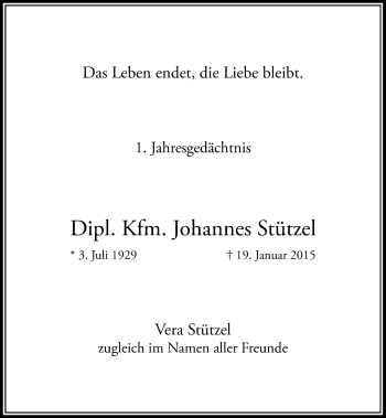 Traueranzeige von Johannes Stützel von Rheinische Post