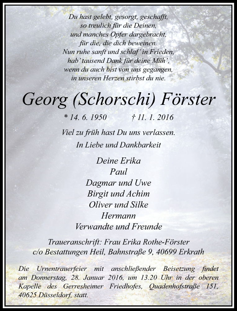  Traueranzeige für Georg Förster vom 16.01.2016 aus Rheinische Post