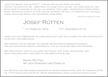 Traueranzeige von Josef Rütten von Rheinische Post