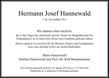 Traueranzeige von Hermann Josef Hannewald von Rheinische Post