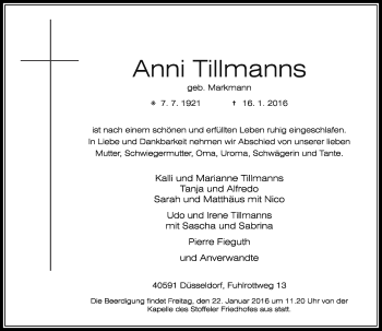 Traueranzeige von Anni Tillmanns von Rheinische Post