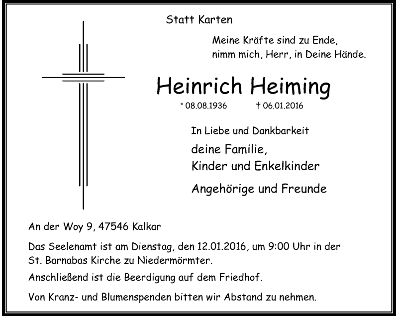  Traueranzeige für Heinrich Heiming vom 08.01.2016 aus Rheinische Post