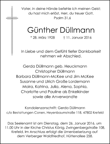 Traueranzeige von Günther Düllmann von Rheinische Post