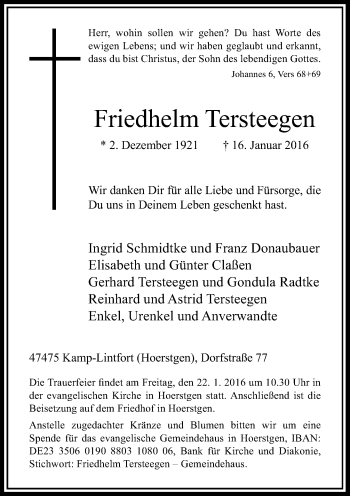 Traueranzeige von Friedhelm Tersteegen von Rheinische Post