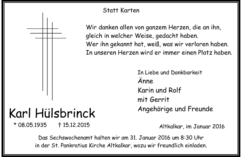  Traueranzeige für Karl Hülsbrinck vom 23.01.2016 aus Rheinische Post