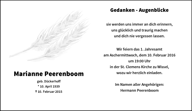 Traueranzeige für Marianne Peerenboom vom 30.01.2016 aus Rheinische Post