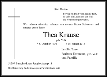 Traueranzeige von Thea Krause von Rheinische Post