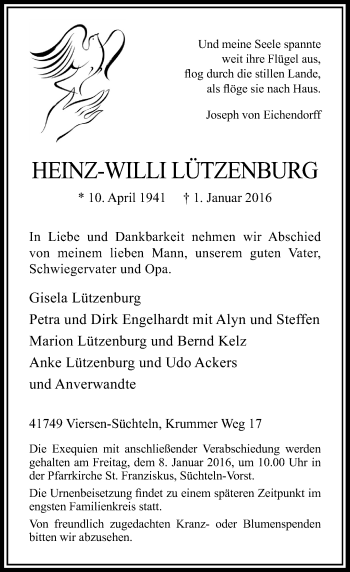 Traueranzeige von Heinz-Willi Lützenburg von Rheinische Post