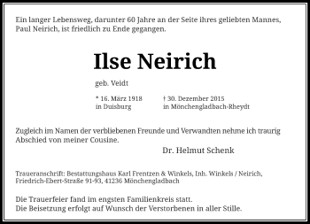 Traueranzeige von Ilse Neirich von Rheinische Post