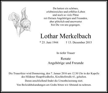 Traueranzeige von Lothar Merkelbach von Rheinische Post