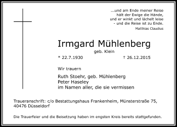 Traueranzeige von Irmgard Mühlenberg von Rheinische Post