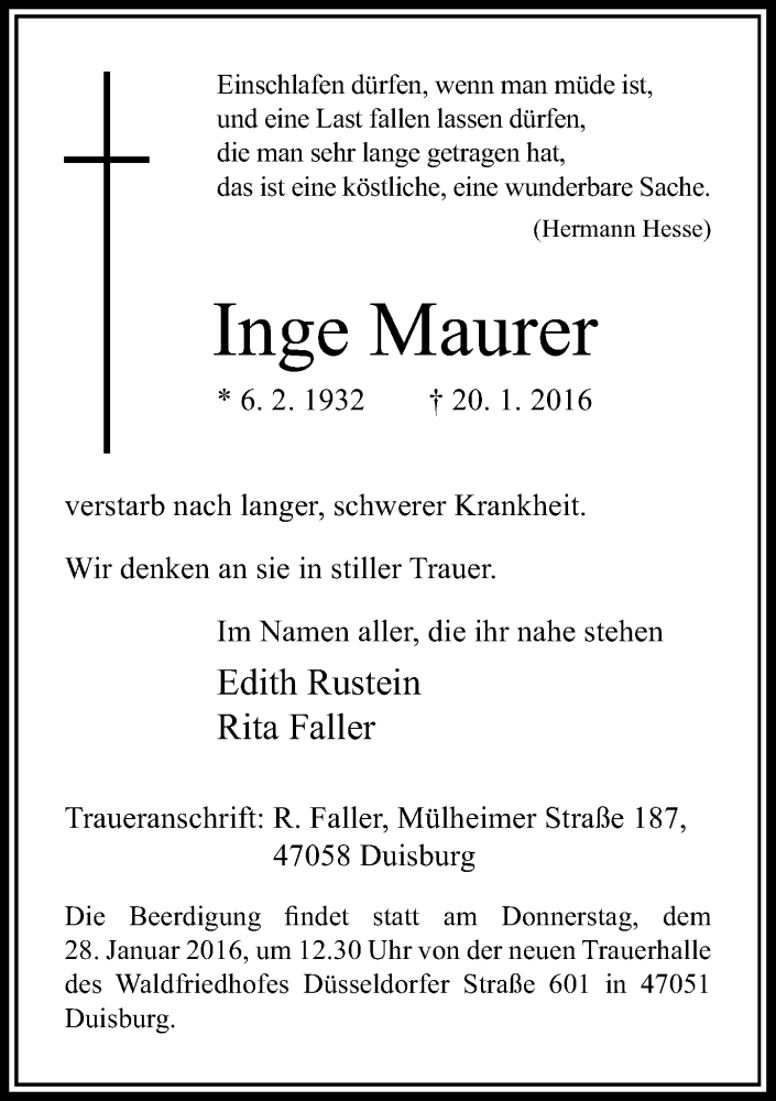  Traueranzeige für Inge Maurer vom 23.01.2016 aus Rheinische Post