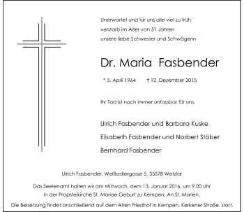 Traueranzeige von Maria Fasbender von Rheinische Post