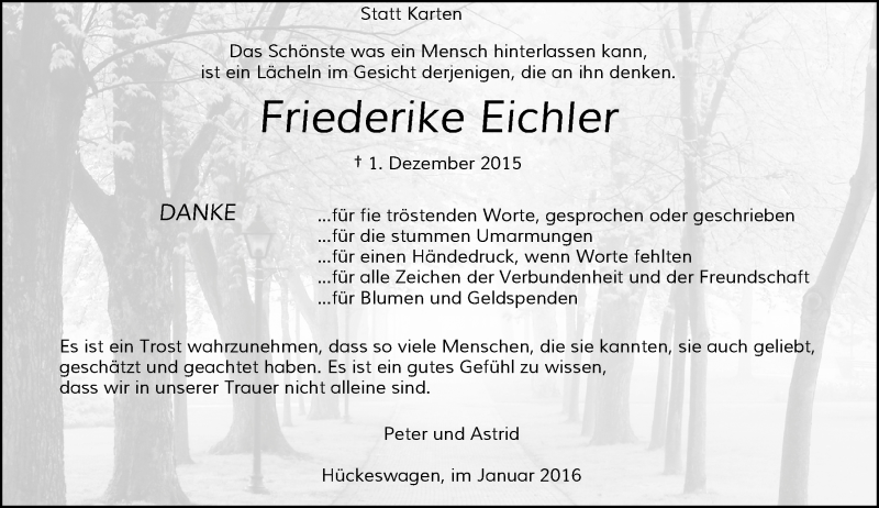  Traueranzeige für Friederike Eichler vom 09.01.2016 aus Rheinische Post