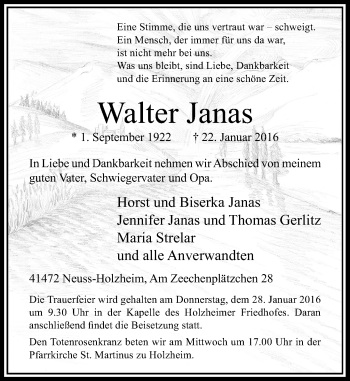 Traueranzeige von Walter Janas von Rheinische Post