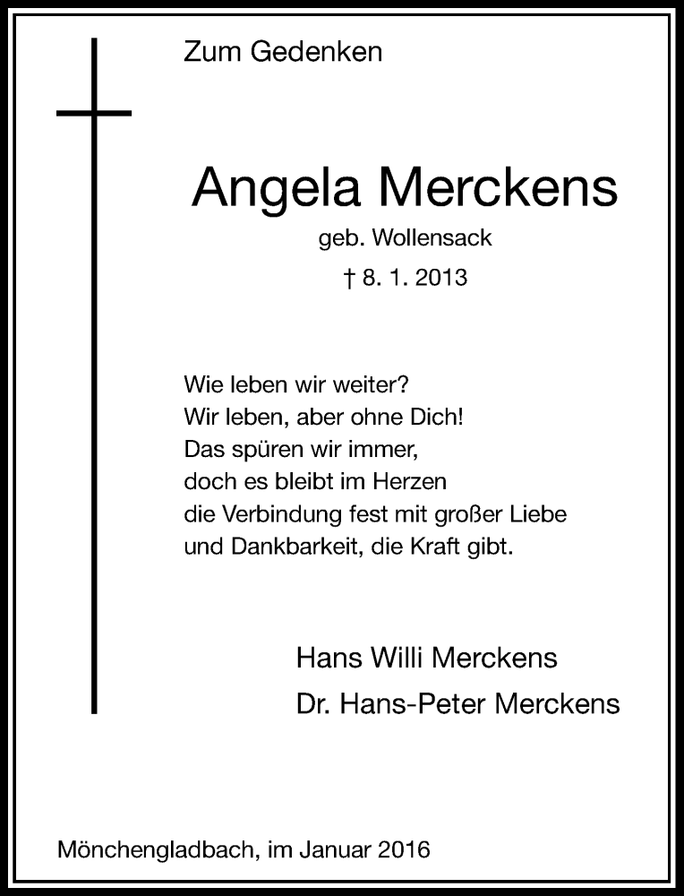  Traueranzeige für Angela Merckens vom 09.01.2016 aus Rheinische Post