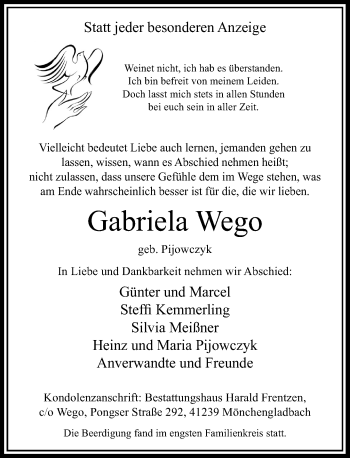 Traueranzeige von Gabriela Wego von Rheinische Post