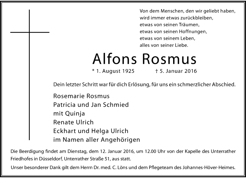  Traueranzeige für Alfons Rosmus vom 09.01.2016 aus Rheinische Post