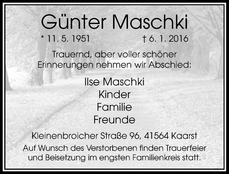  Traueranzeige für Günter Maschki vom 09.01.2016 aus Rheinische Post