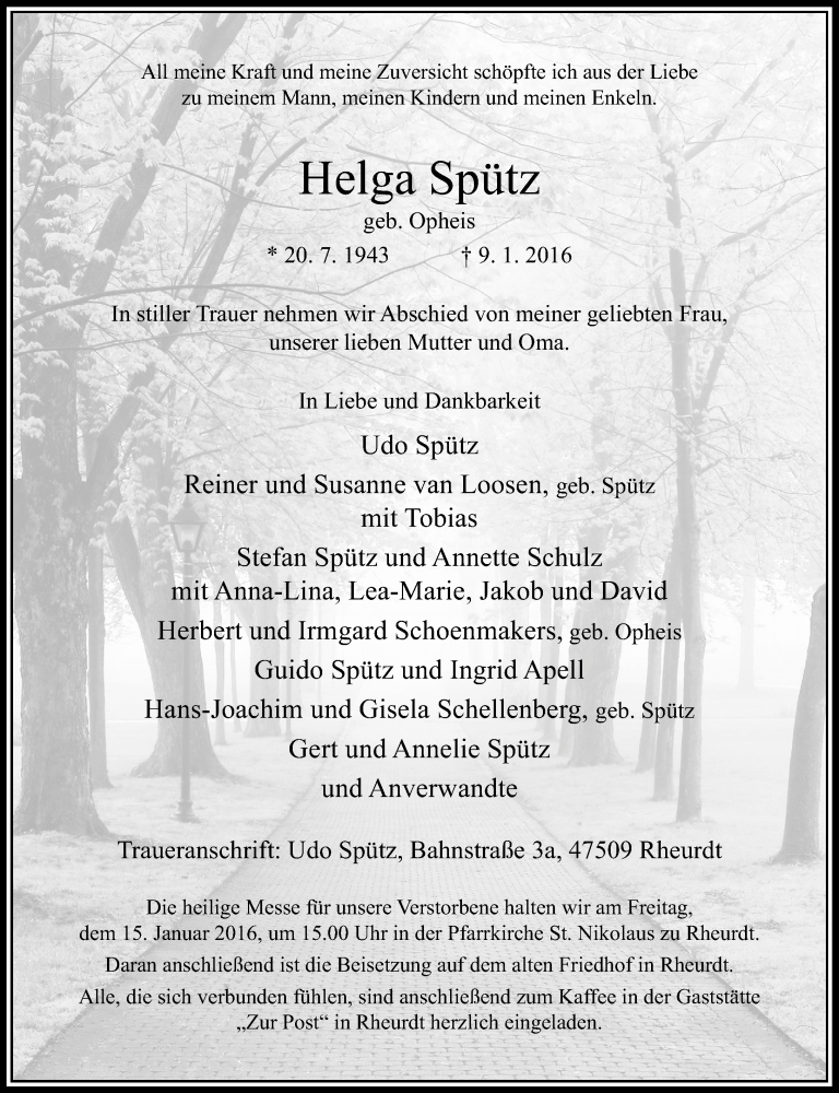  Traueranzeige für Helga Spütz vom 13.01.2016 aus Rheinische Post