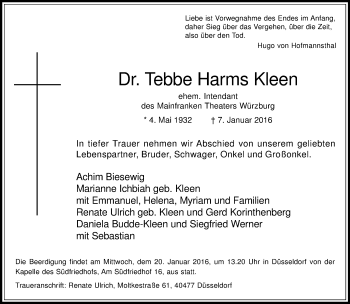 Traueranzeige von Tebbe Harms Kleen von Rheinische Post