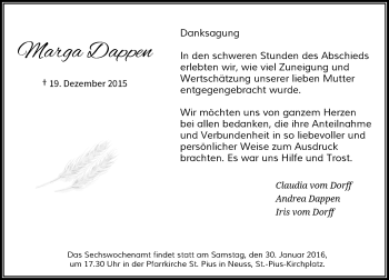 Traueranzeige von Marga Dappen von Rheinische Post