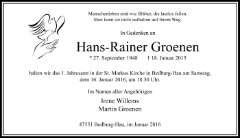 Traueranzeige von Hans-Rainer Groenen von Rheinische Post