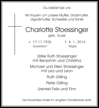 Traueranzeige von Charlotte Stoessinger von Rheinische Post