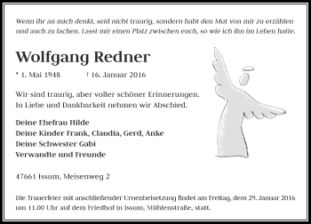 Traueranzeige von Wolfgang Redner von Rheinische Post